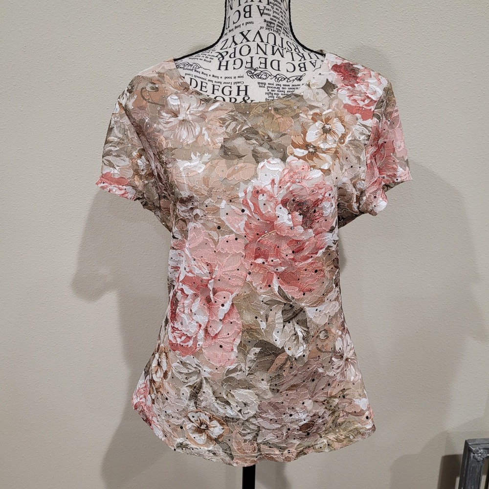 Brittany Black Mesh Floral semi sheer sequin crew neck Women SZ‎ L Peach tan Y2K